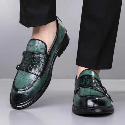Classic Leather Men's Loafer Shoes Slip-on Double Buckles Green Black Shoes Wedding Party Formal Shoes for Men Zapatillas Male
