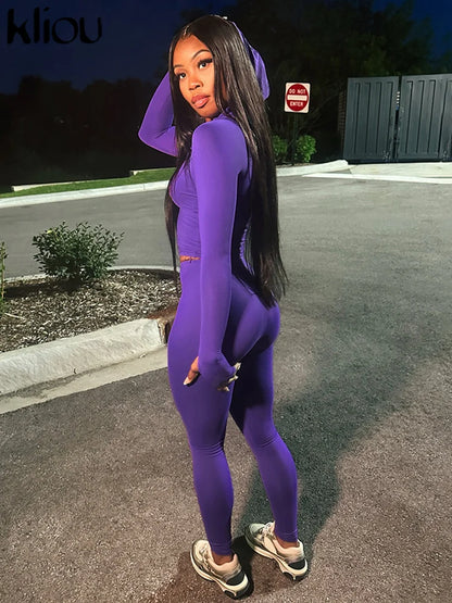 Casual Women 2 Piece Set Classic Tracksuits Solid Long Sleeve Zip-up Hood Tops+Slim Elastic Pants Sporty Concise Outfits
