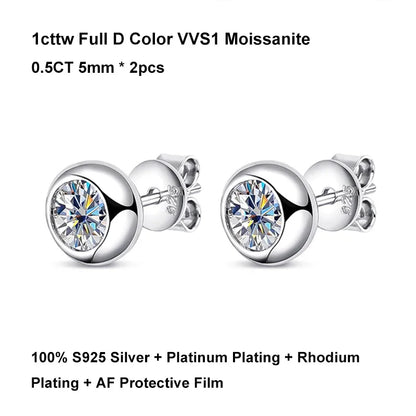Real 0.3/0.5 Carat Round Moissanite Diamond Stud Earrings for Women S925 Sterling Silver Earring Wedding Party Fine Jewelry