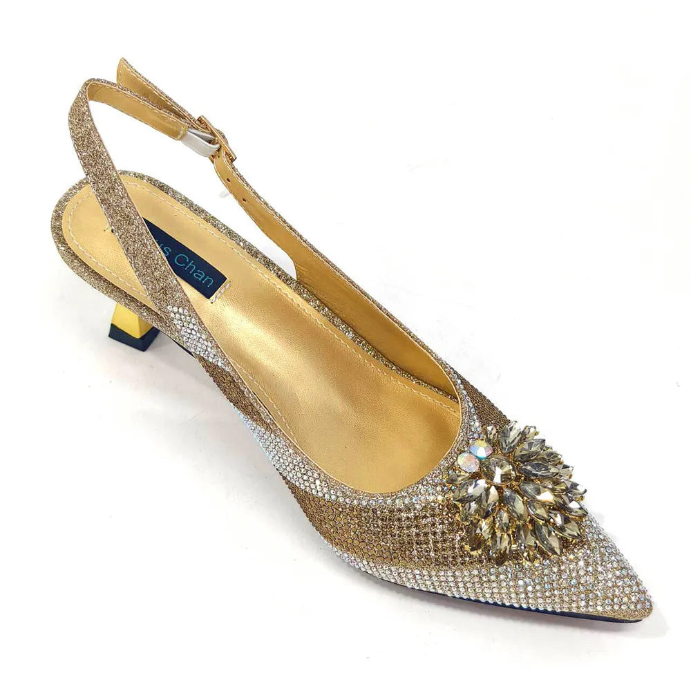 Italian Design Rhinestone Luxury Green Colour Pointed Toe Shoe & Bag Set Women's High Heels for Parties High Quality