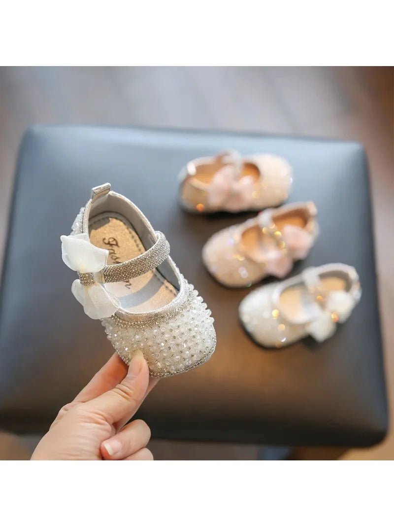 Girls Walking Shoes Lace Mesh Bows Kids Princess Shoes Non-slip Shiny Sequins 2025 New Children Flat Shoes Soft Sole Non-slip