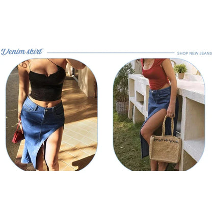 Women's Mid Rise Stretchy Denim Skirt Asymmetrical High Slit Midi Length Casual Streetwear for Summer & Party Outfits