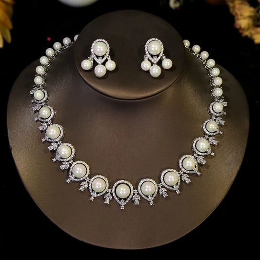 Luxury Round Shape Gold Color Pearl Necklace 2 Pieces Set , Bridal Wedding Dubai Saudi Jewelry for Women's Party