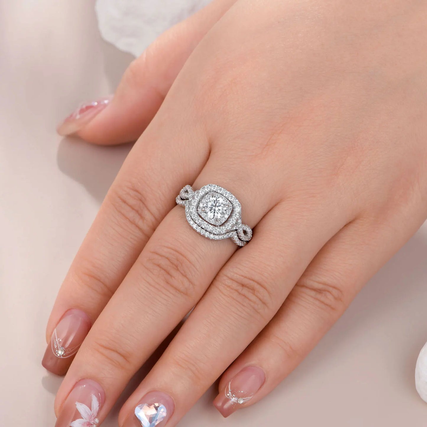 2Pcs Halo Round Cut Moissanite Wedding Ring Set for Women Solid 925 Sterling Silver Zircons Luxury Bridal Rings