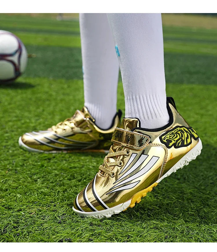 Fashion Gold Children's Football Shoes Outdoor Non-slip Turf Soccer Shoes Kids HOOK&LOOP Low-cut Sports Sneakers Child Trainers
