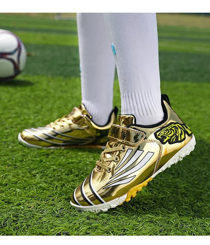 Fashion Gold Children's Football Shoes Outdoor Non-slip Turf Soccer Shoes Kids HOOK&LOOP Low-cut Sports Sneakers Child Trainers
