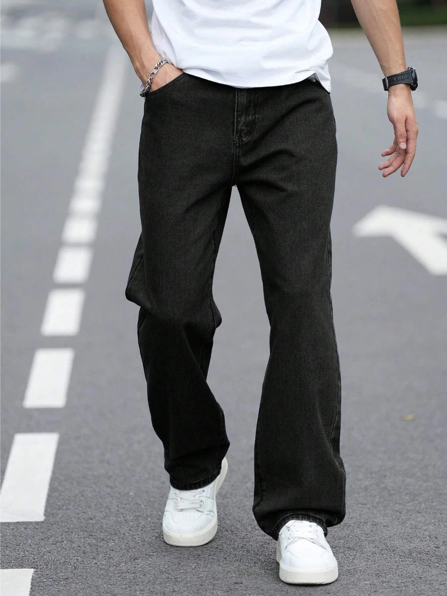 Men's Durable Black Relaxed-Fit Jeans Mid-Waist Comfort Street Style Essential Urban Pants