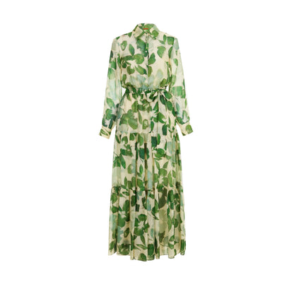 Dresses Women's New Belted Chiffon Print V-neck Chic Slim Long Dress Fashion Elegant Holiday Street Women's Dress