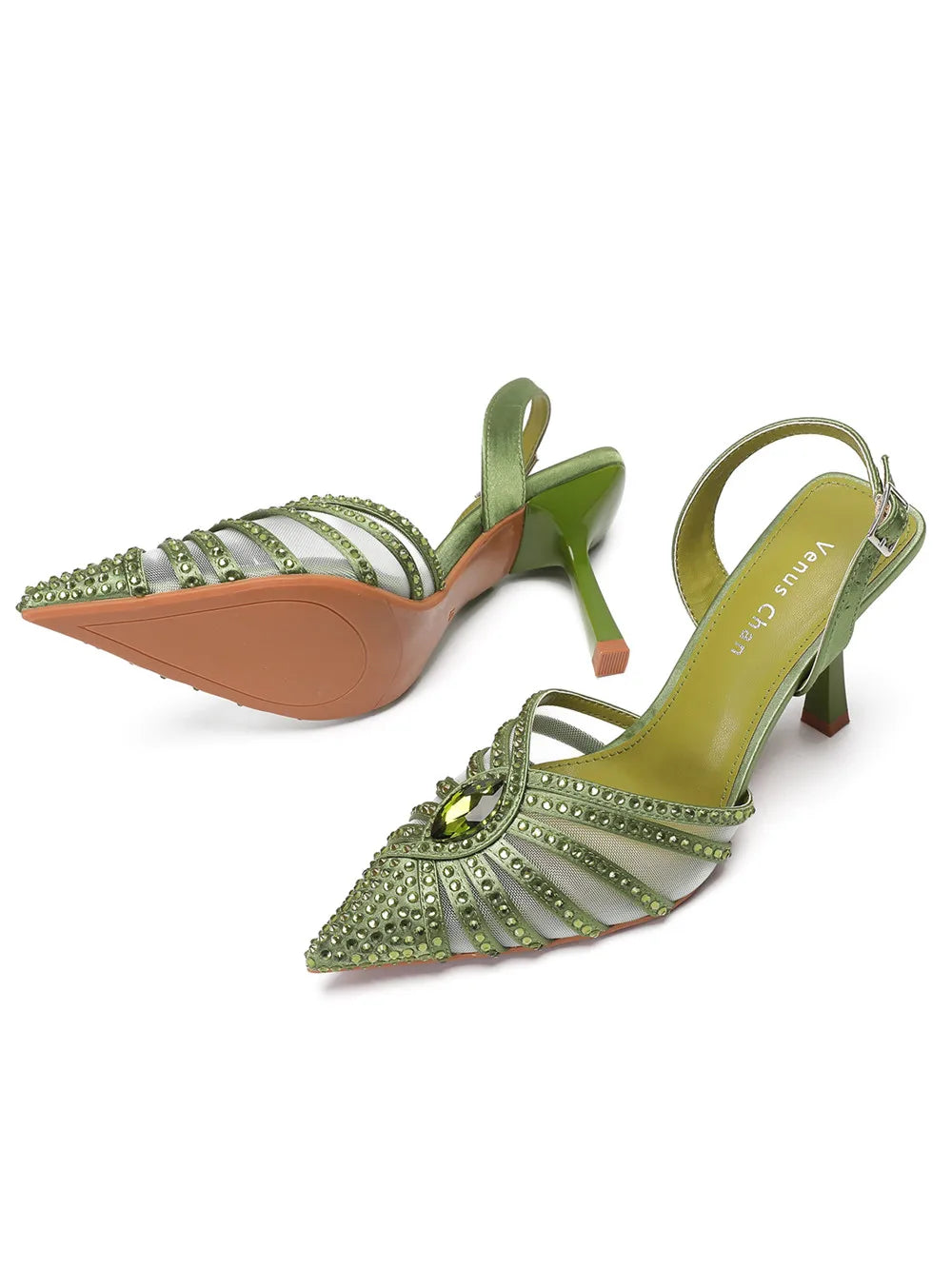 Elegant Fruit Green Women's Heels and Rhinestone Handbag Set - Italian Design for Weddings and Parties