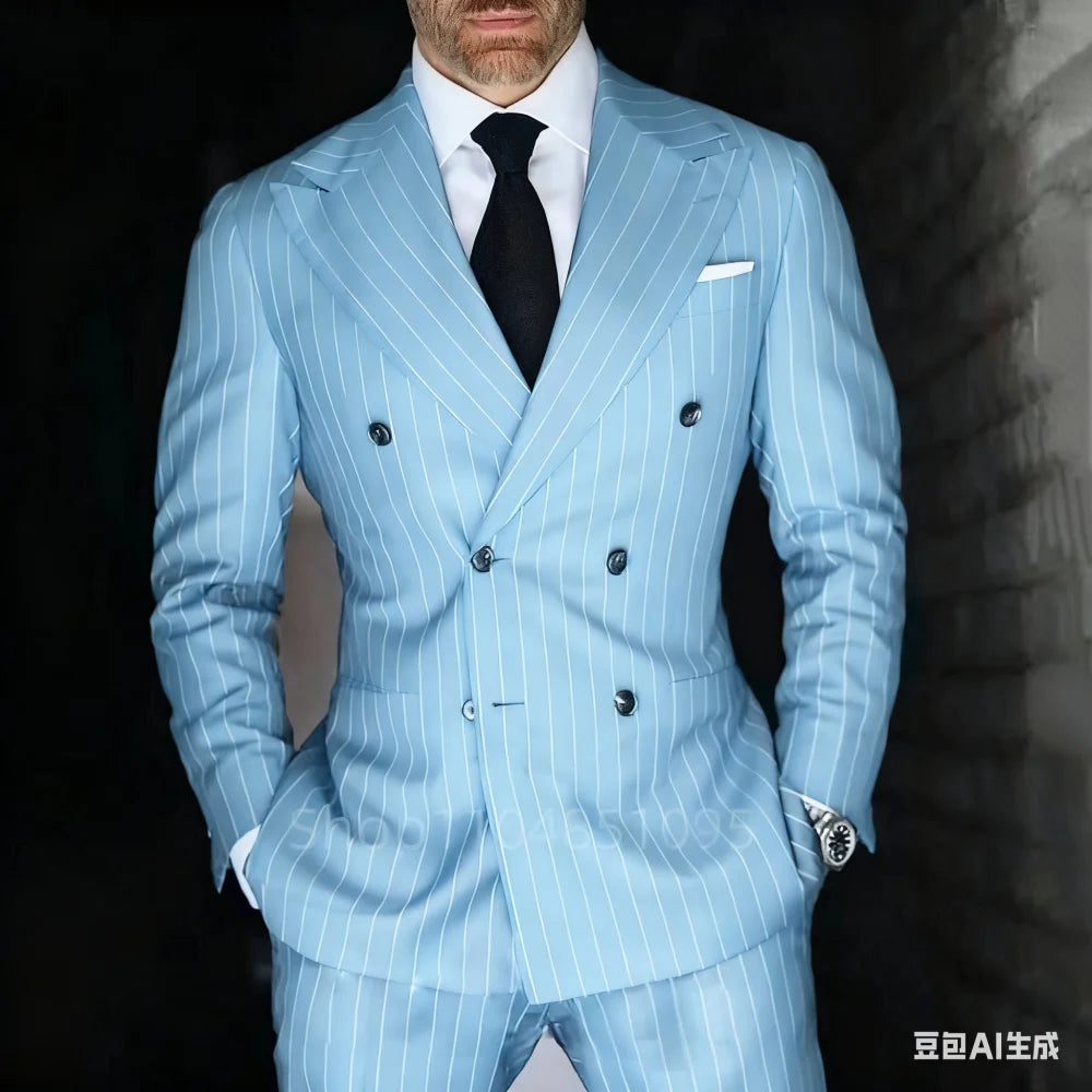 Men's 2-Piece Suit Set Slim Fit Double Breasted Lapel Formal Grey Blue Marine High Quality Jacket And Trousers Ensemble