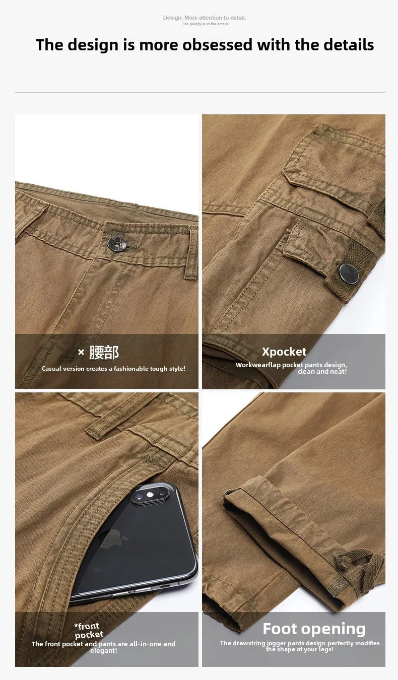 Four-season Pure Cotton Casual Pants Men's Work Pants Multi-pocket Straight Trousers