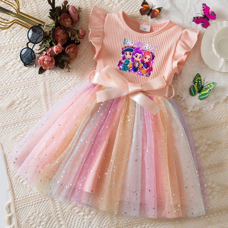 Girls Flying Sleeves Bow Sequin Dress Kids Baby Girl Birthday Party Fluffy Tutu Princess Dress 1-5Y