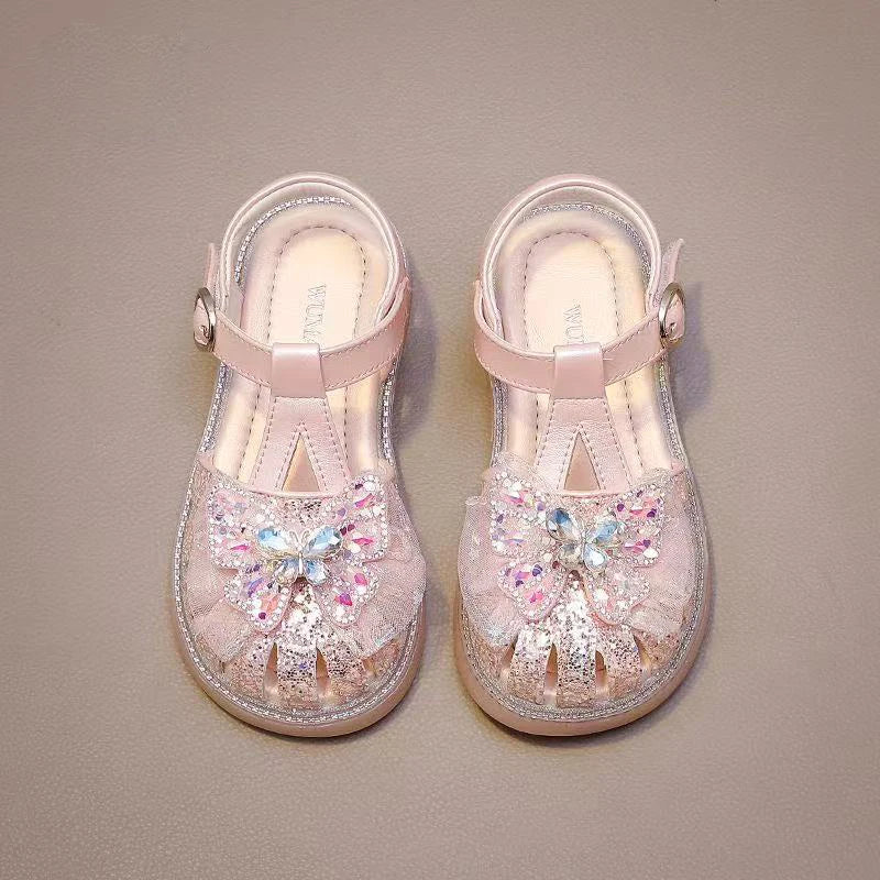 New Summer Children Crown Sandals Wedding Party Girls Bowknot Pearl Shoes Sweet Elegant Kids Causal Flat Sandals