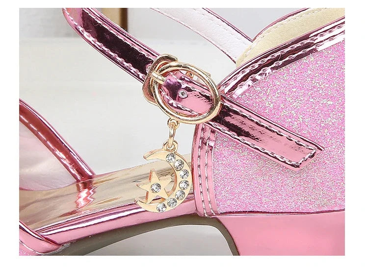 New Girl's High Heel Shoes for Kids Party Wedding Fashion Princess Causal Dress Shoes Sequins Versatile Children's Crown Sandals
