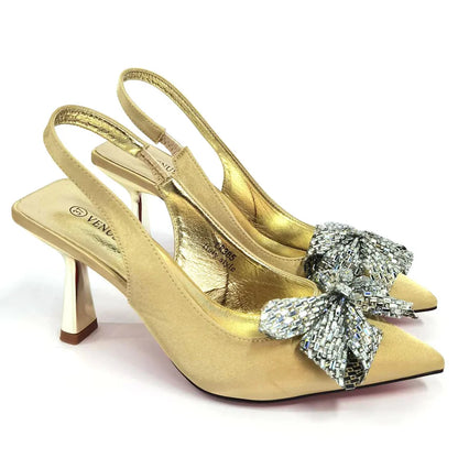 Italian Design Elegant Fuchsia Bow Rhinestone Pumps with Pointed Toe for Women 2024 Party Shoes and Bags Matching Set