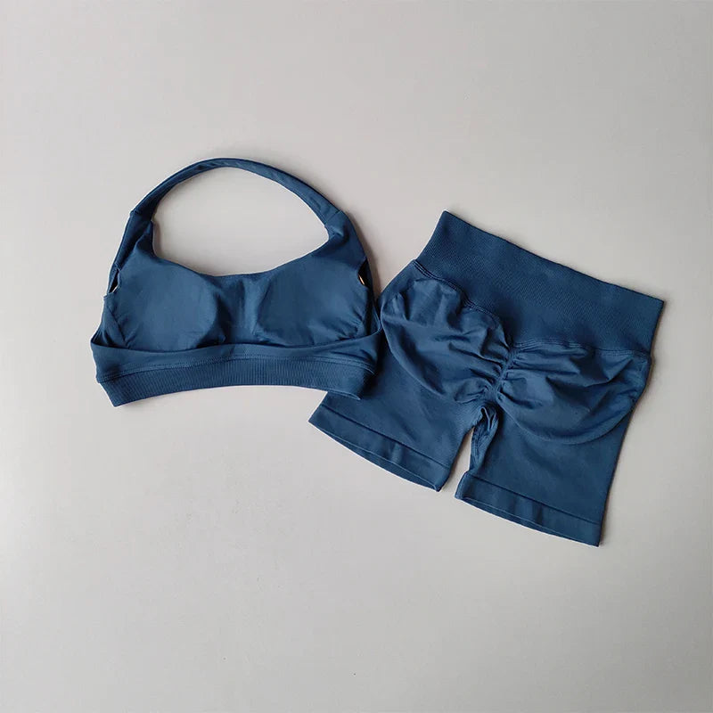2pcs Sexy Halter Neck Beautiful Back High Waist Peach Sports Bras Set Suit Pilates Gathering Training Yoga Vest Fitness Bra