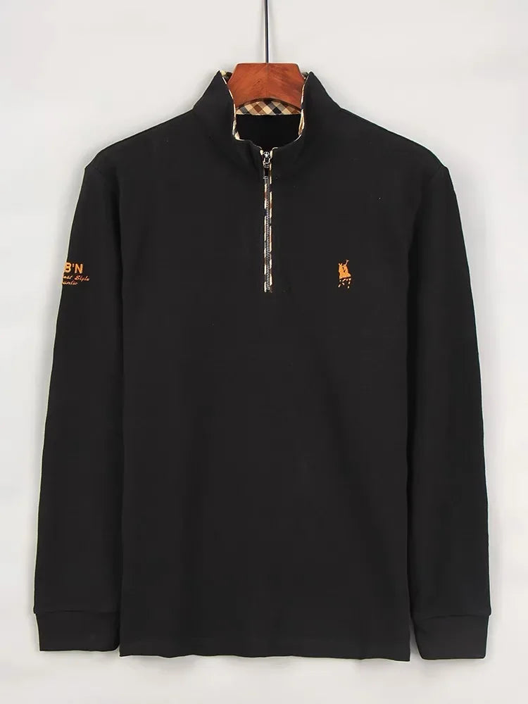 Luxury new Half Zipper Long Sleeve T-shirt 100% Cotton Brand Embroidered Stand Collar Men's Clothing Autumn Casual polo shirt