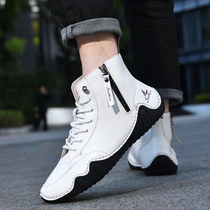 New 2025 Handmade Casual Shoes Men Sneakers Ankle Boots Leather Side Zipper Comfortable Breathable Anti-Slip Outdoor Walking