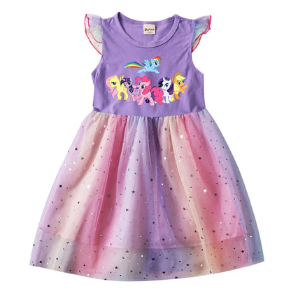 My Little Pony Baby Girls Dress Children Cartoon Mesh Star Sequins Princess Dress Kids Flying Sleeve Skirt For Daily Gift