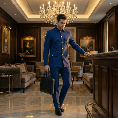 High Quality Elegant Men's suit Classic Fit Multi Buckle Multi Pocket Solid Color Casual Business Set Men's 2-piece Set