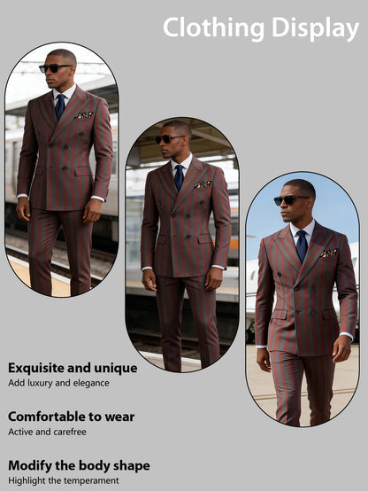 Men's 2-Piece Double Breasted Suit Set - Peak Lapel Striped Tuxedo Jacket & Pants, Formal Business Wedding Prom Attire