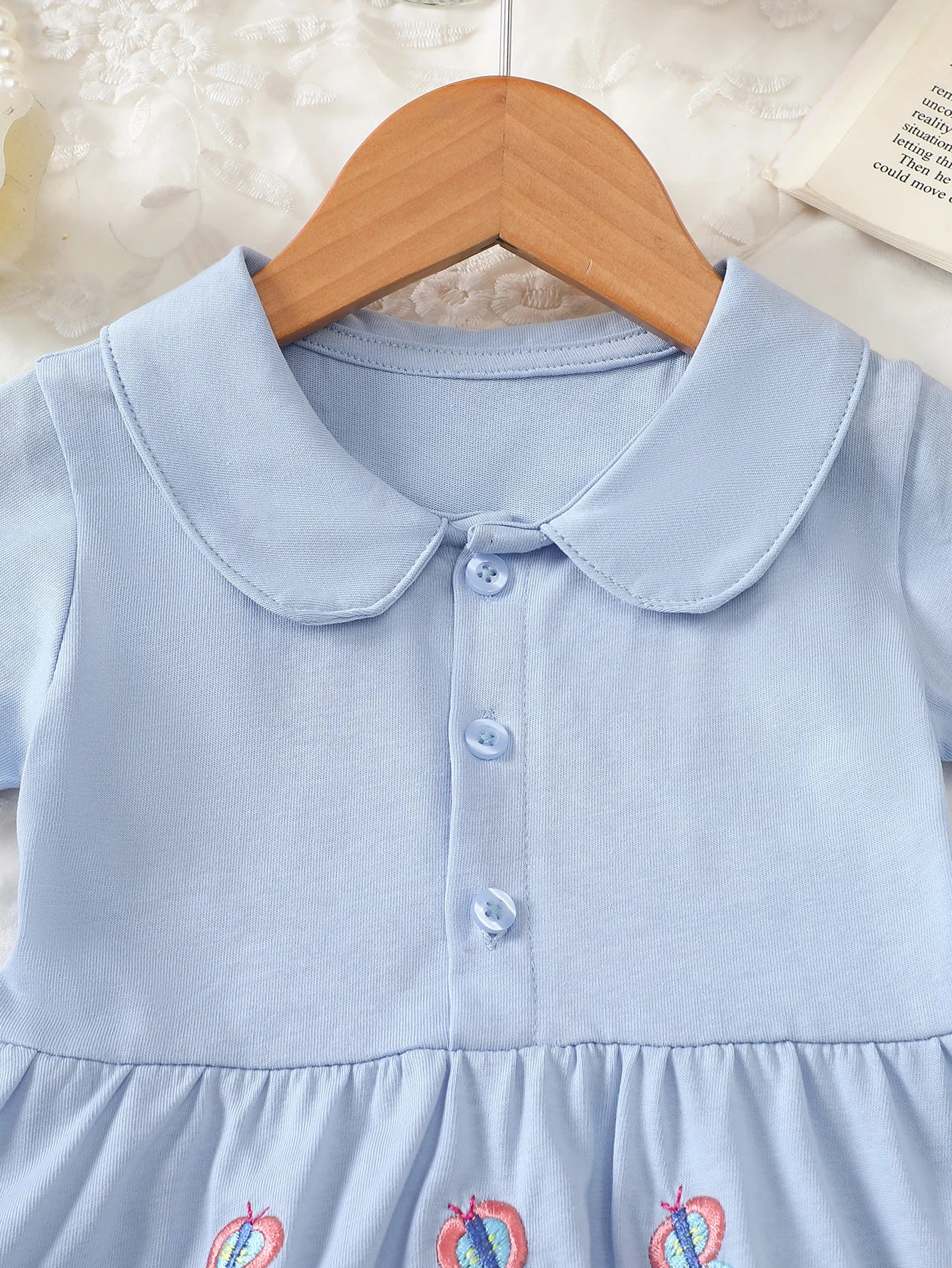 Girls' Short-Sleeved Dress with Floral Embroidery and Lapel Collar, Summer Style Sweet Princess Dress, Fresh Pastoral Style Children's Dress