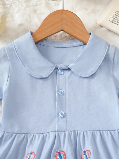 Girls' Short-Sleeved Dress with Floral Embroidery and Lapel Collar, Summer Style Sweet Princess Dress, Fresh Pastoral Style Children's Dress