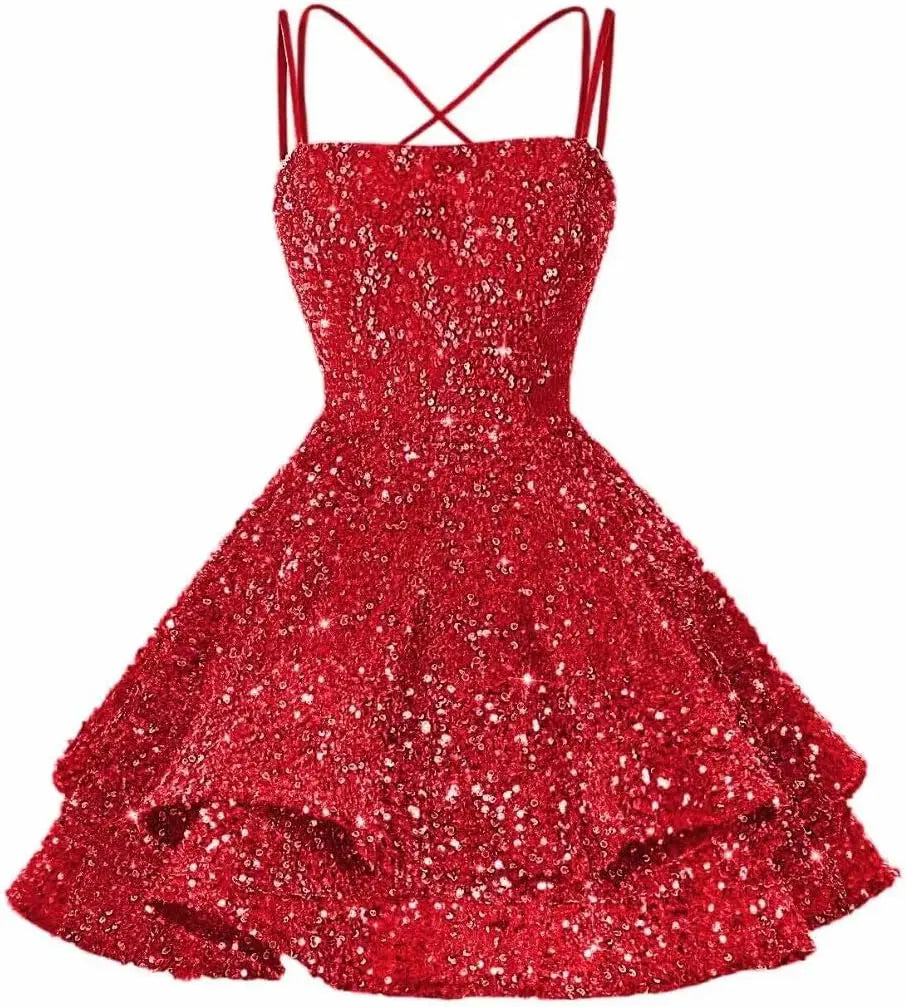 Sequin Short Square Neck Homecoming Dress for Teen Sparkly Prom Dress Sweet 16 Photo Shoot Cocktail Gowns Graduation Dress