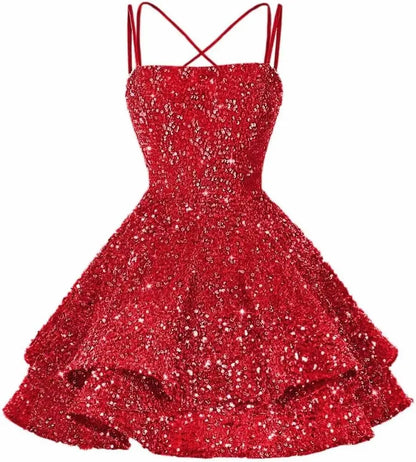 Sequin Short Square Neck Homecoming Dress for Teen Sparkly Prom Dress Sweet 16 Photo Shoot Cocktail Gowns Graduation Dress