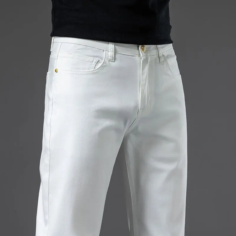 2024 New Men's Khaki White Cotton Stretch Slim Smart Jeans Casual Straight Business Fashion Beige Brand Denim Trousers