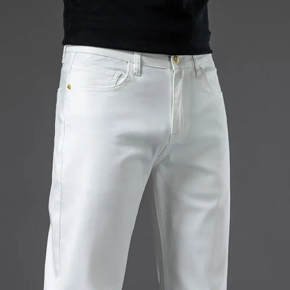 2024 New Men's Khaki White Cotton Stretch Slim Smart Jeans Casual Straight Business Fashion Beige Brand Denim Trousers