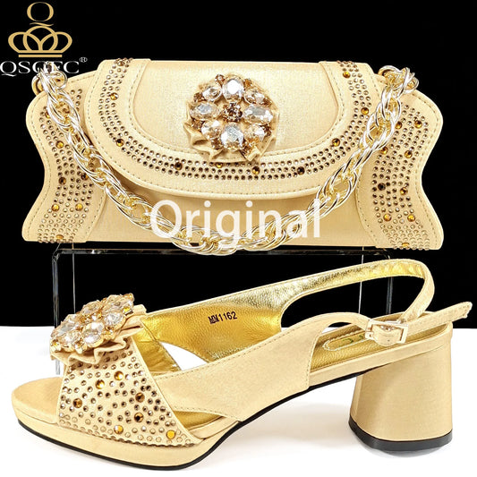 Newest Gold Color Mature Style Party Wedding Peep Toe High Heel Lady Shoes with Platform and Bag Set Decorated With Rhinestone
