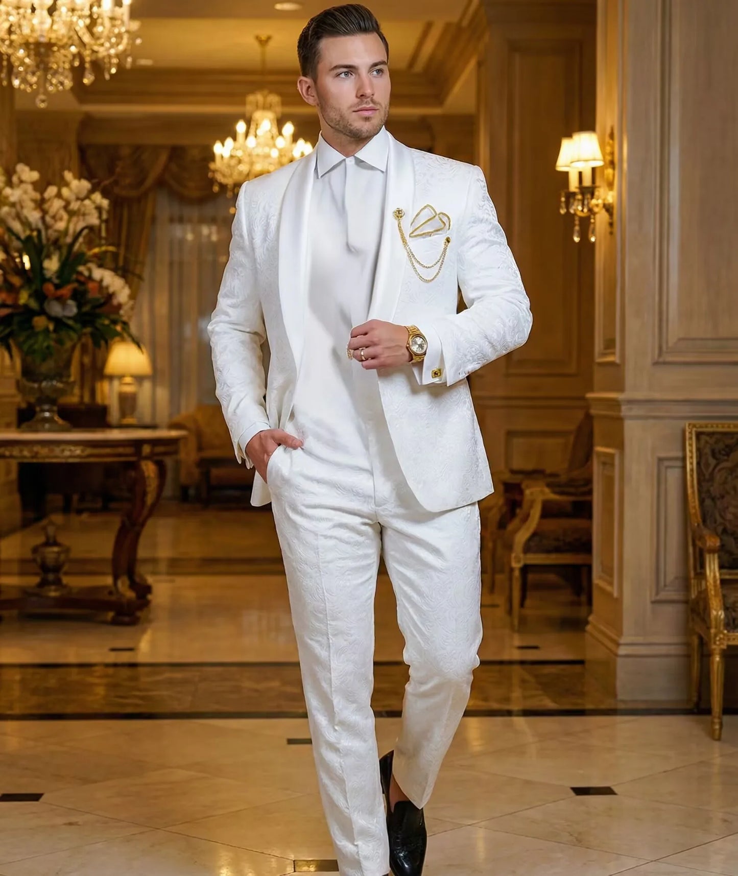 Groomsmen White Pattern Groom Tuxedos Shawl Satin Lapel Men Suits 2 Pieces Wedding Bridegroom