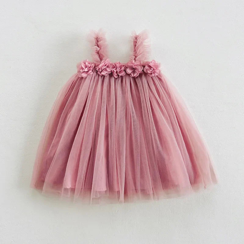 1-6 Y Girls Dresses  3D Flower A Line Dress for Girls Sleeveless Camisole Mesh Dress