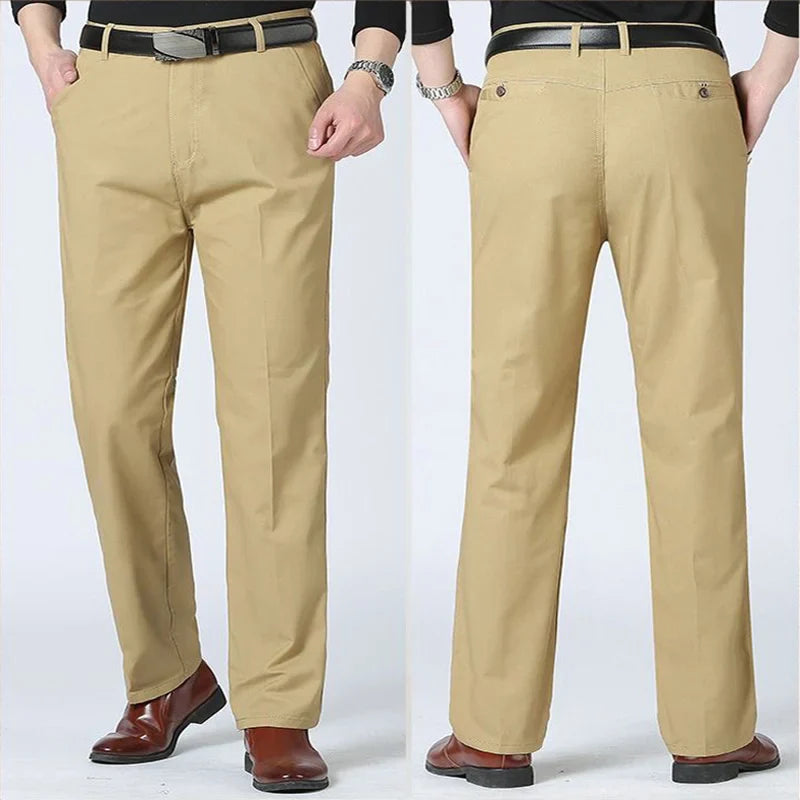 Men's 100% Cotton Summer Thin Autumn Thick Suit Pants Straight Loose Trousers Business Solid Khaki Casual Brand Clothes GOZBKF