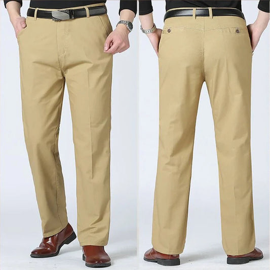 Men's 100% Cotton Summer Thin Autumn Thick Suit Pants Straight Loose Trousers Business Solid Khaki Casual Brand Clothes GOZBKF