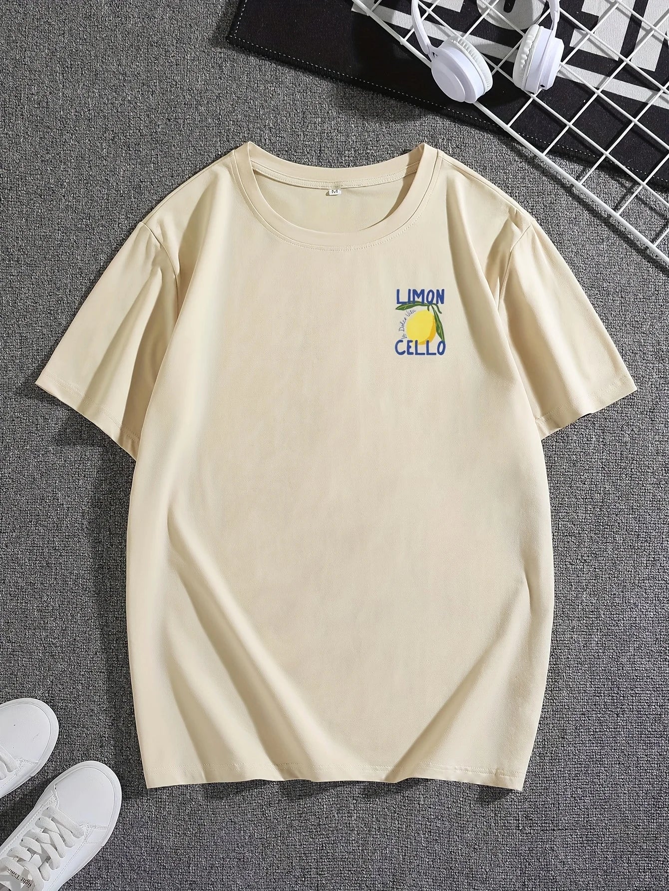 Men's 100% pure cotton fashionable casual loose sports LIMON CELLO pattern printed round neck short sleeved T-shirt top