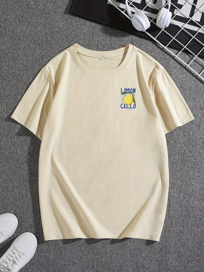 Men's 100% pure cotton fashionable casual loose sports LIMON CELLO pattern printed round neck short sleeved T-shirt top