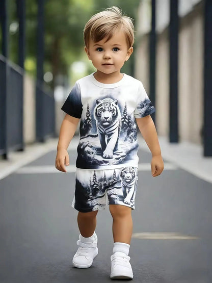 Summer New Arrival Boys Ink Wash Tiger All Over Print Short Sleeve Shorts Set
