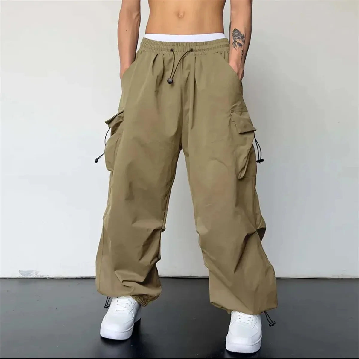 Streetwear 2025 New Spring Harem Multicolored Casual Pants Men Elastic Waist Solid Color Cargo Pants Multi Pocket Baggy Pants
