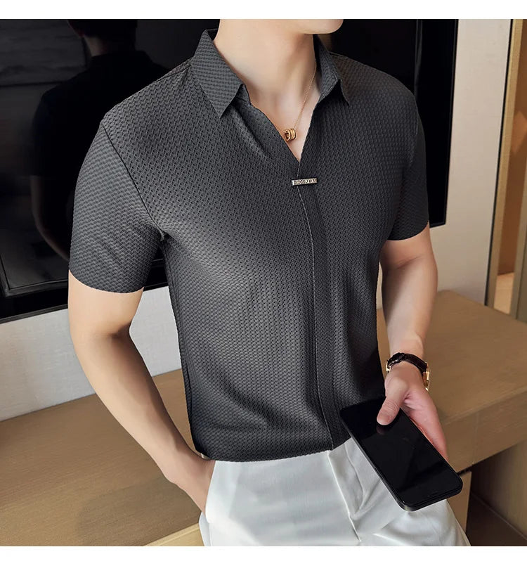 High-Grade Ice Silk Seamless Adhesive Polo Shirt, High-Elastic V-neck Thin Waffle Short-Sleeved Golf Shirt, T-shirt