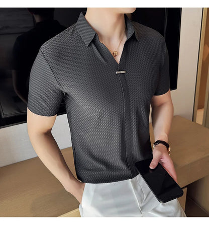 High-Grade Ice Silk Seamless Adhesive Polo Shirt, High-Elastic V-neck Thin Waffle Short-Sleeved Golf Shirt, T-shirt