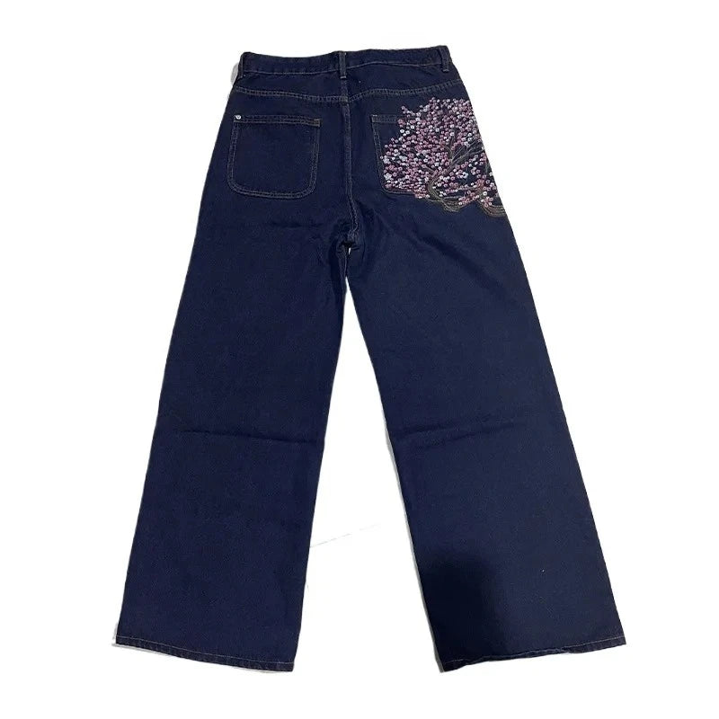 Y2K Goth vintage jeans plum blossom embroidery Harajuku pattern denim fabric wide leg pants American style men women street wear