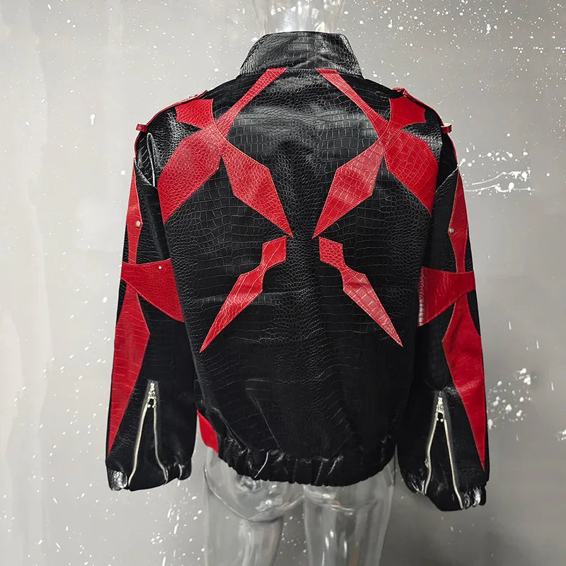 Men's PU Leather Jacket 2025 Trend New Zipper Stand Collar Contrast Color High Street Coats Fashion Menswear 21E2807
