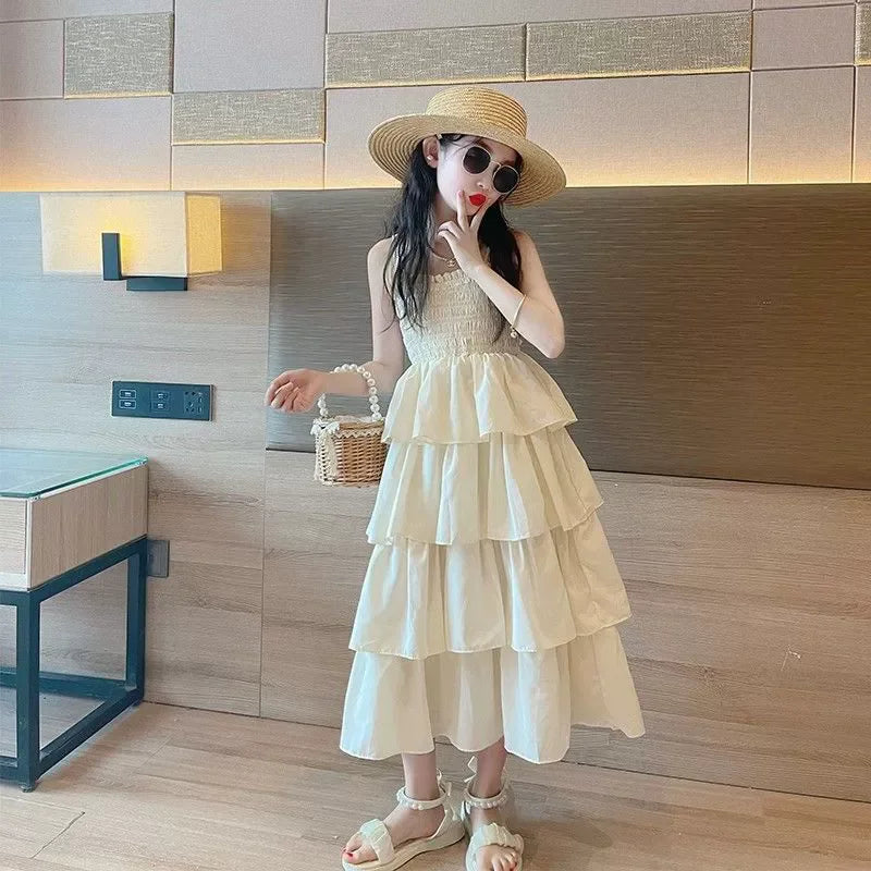 Girls Sling Dress Summer Children Layers Slip Long Gown Kids Birthday Party Vestidos Clothes Teen Casual Sleeveless Dress 4-12Y