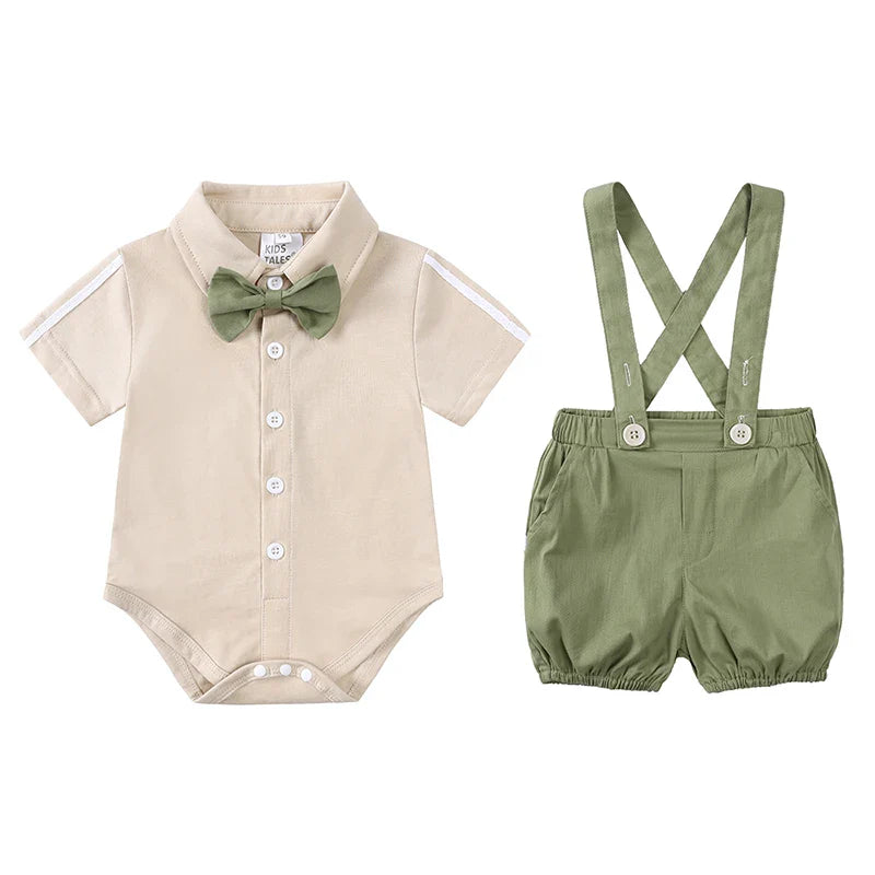 Infant Baby Boy Formal Outfit Newborn Gentleman Clothes Toddler Suit Set Short Sleeve Romper Shirt+Pants+BowTie+Suspender Shorts