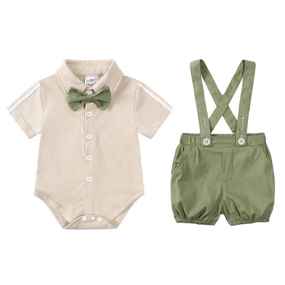 Infant Baby Boy Formal Outfit Newborn Gentleman Clothes Toddler Suit Set Short Sleeve Romper Shirt+Pants+BowTie+Suspender Shorts