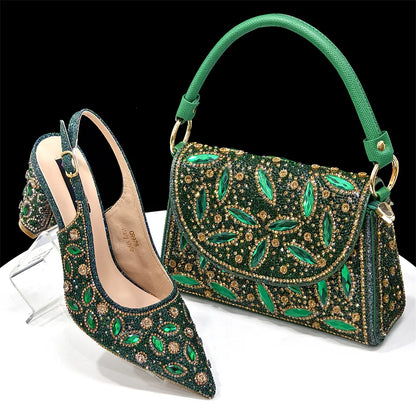 Elegant Nigerian Women's Blue Heels and Rhinestone Handbag Set - Italian Design for Weddings and Parties