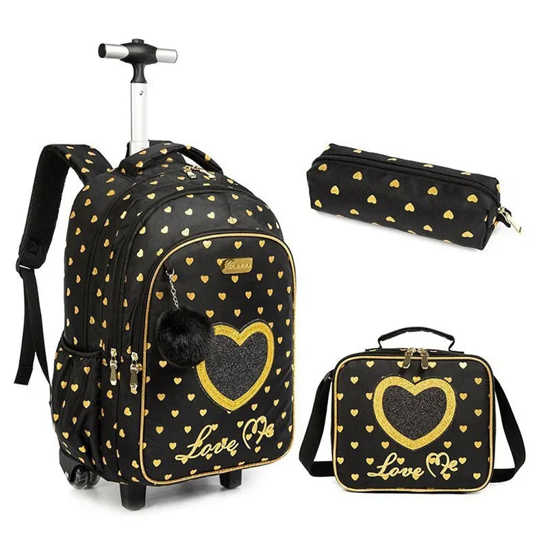 Children's Wheeled Backpack Bag Set with Lunch Box School Rolling Backpack Bag with Wheels School Trolley Backpack Bag for Girls
