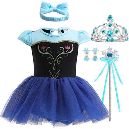 New Infant Baby Romper Blue Dress Snow White Elsa Anna Costume Cute Design Baby Cotton Dress+Headband Accessories Set